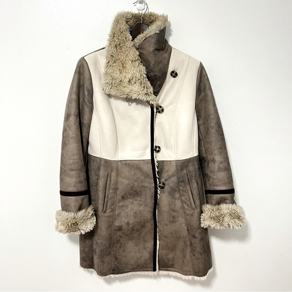 Laundry by Shelli Segal Penny Lane Coat Women L Taupe Ivory Faux Suede/Fur Y2K - Picture 2 of 7